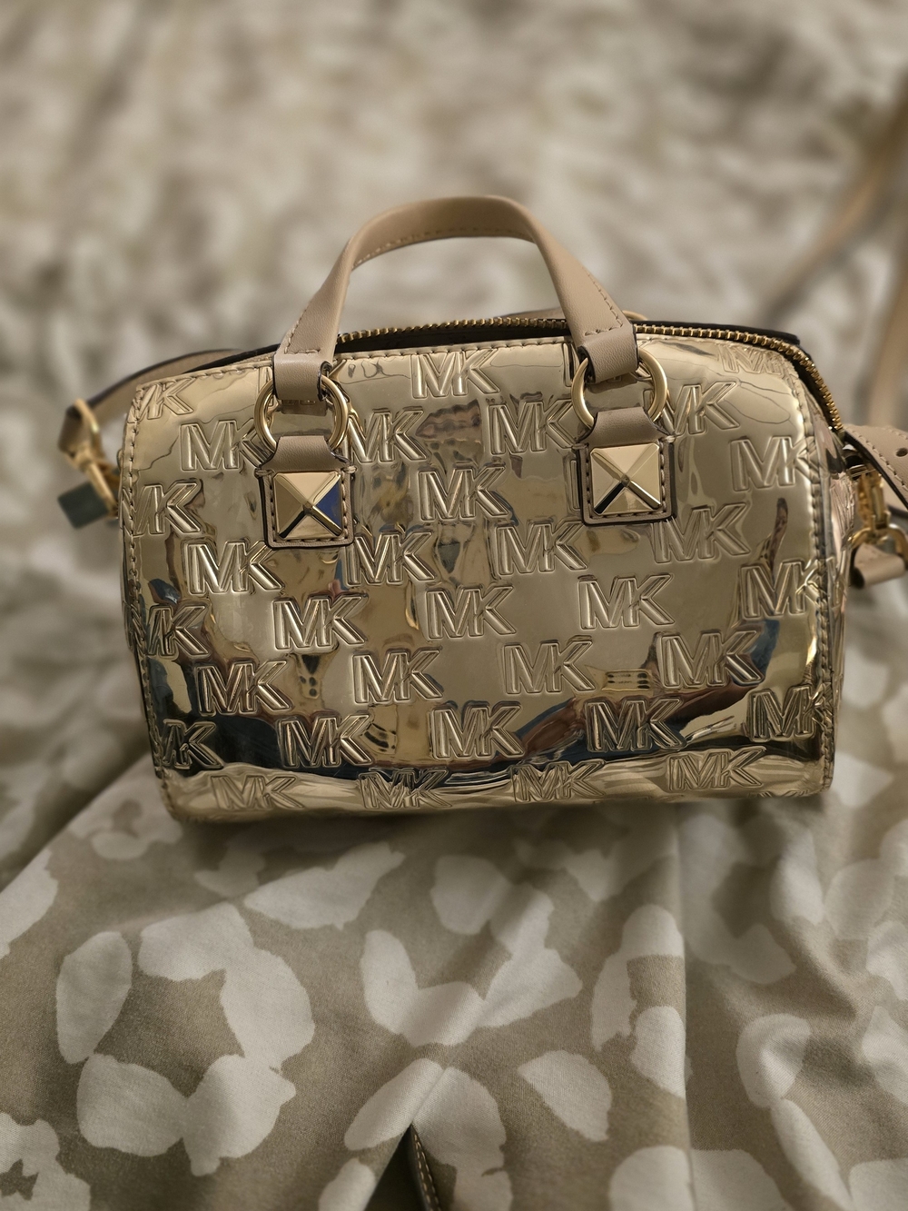 Michael Kors Gold MK Embossed Small Satchel Grayson